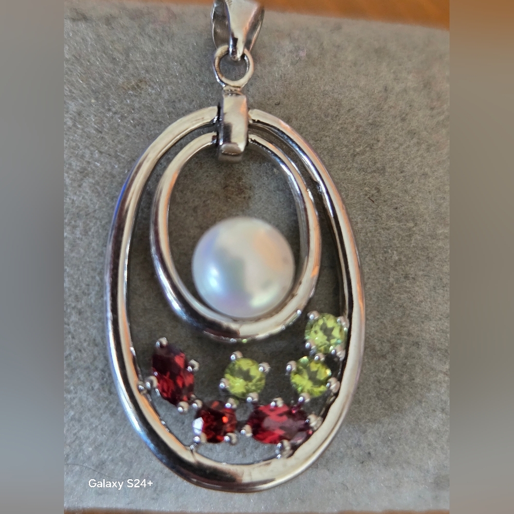 Elegant Silver Sterling Pendant with Pearl and Gemstones
